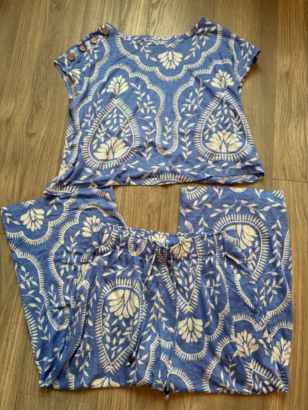 Joie 100% Linen Blue White Print Crop Top & Wide Leg Pants Set Size M